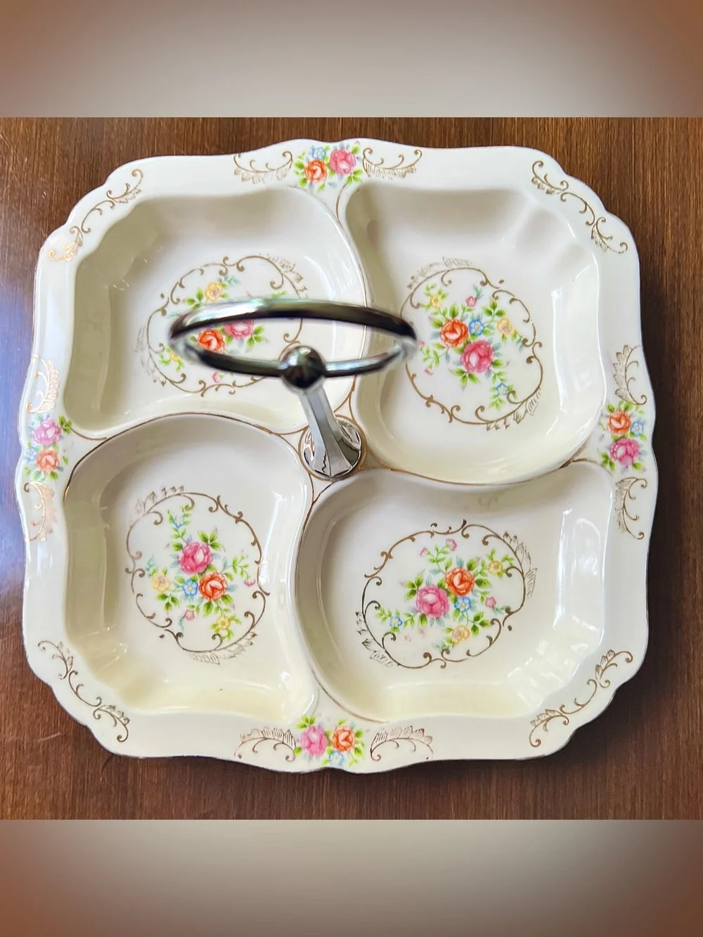Vintage Hotta Yu Shoten Japan Divided Serving Dish Floral Gold Trim